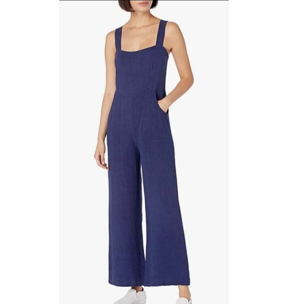 Rachel Pally Dark Blue Linen Alda Square Neck Wide Leg Flare Jumpsuit Size M